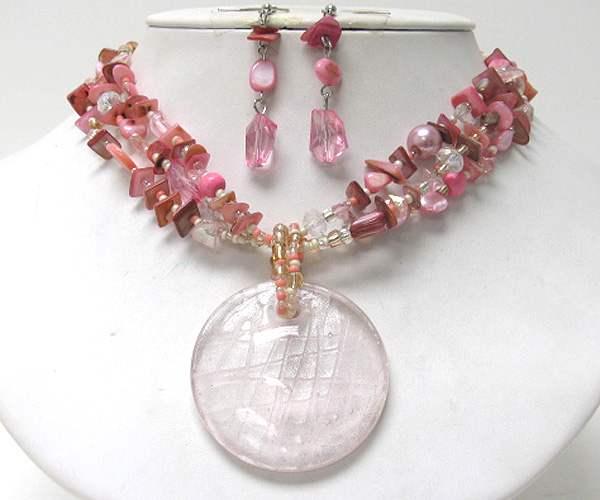 Multi seed bead and chip stone drop round murano glass necklace earring set