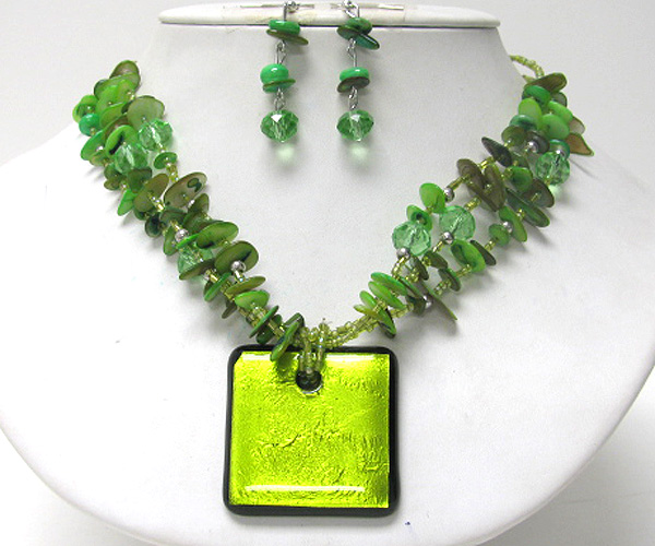 Multi seed beads and chip stone drop murano glass square chain necklace earring set