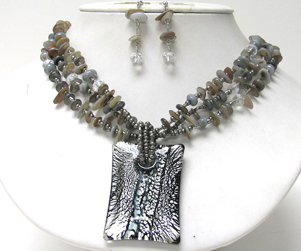 Multi seed beads and chip stone drop murano glass square chain necklace earring set