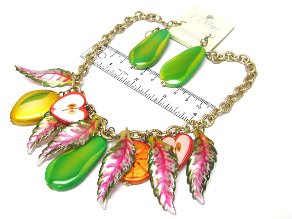 Multi wooden fruit and leaf chain necklace earring set