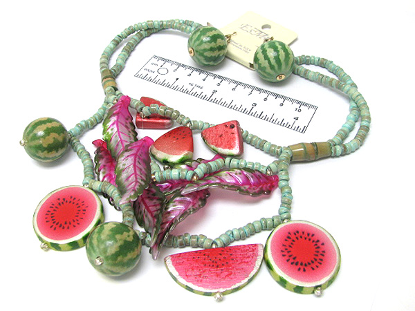 Multi wooden watermelon and leaf seed beads chain necklace earring set