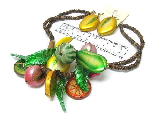 Multi wooden fruit and leaf seed beads chain necklace earring set