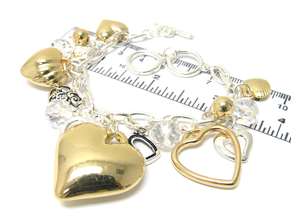 Multi metal hearts and facet glass charm chain bracelet