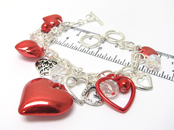 Multi metal hearts and facet glass charm chain bracelet