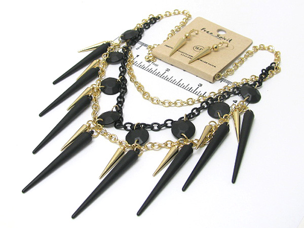 Double layered chain multi spike and round metal necklace earring set