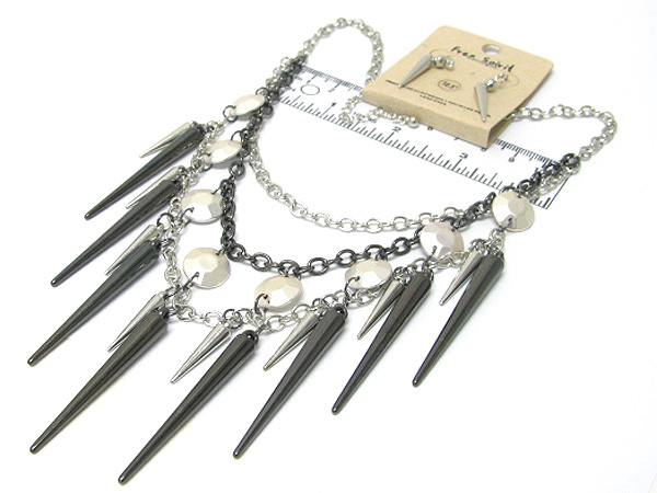 Double layered chain multi spike and round metal necklace earring set