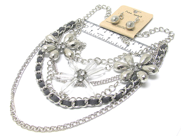 Crystal on ceramic and metal flowers on multi chain braided fabric necklace earring set