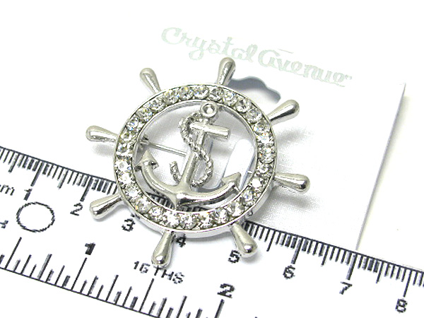 Crystal metal  marine anchor pin or brooch