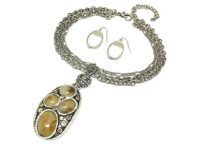 Natural stone and crystal oval pendant antique metal necklace and earring set