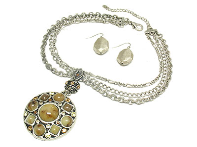 Natural stone and crystal antique metal necklace and earring set