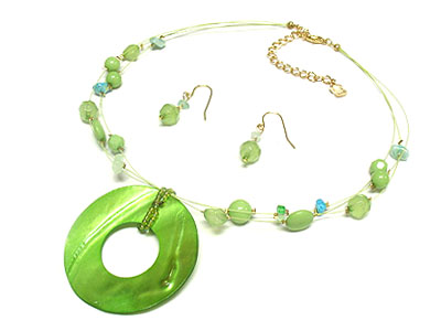 Round shell and multi strands with acryl beads necklace and earring set