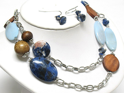 Natural stone and wooden ball link long necklace and earring set