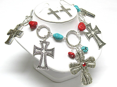 Turquoise and coral deco cross dangle necklace and earring set