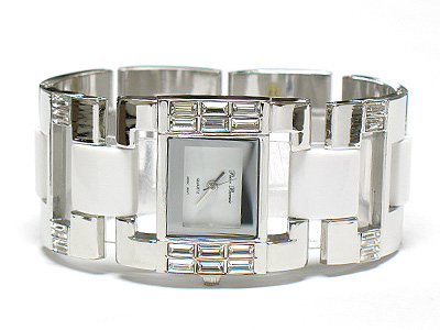 Barguette crystal wide metal band watch