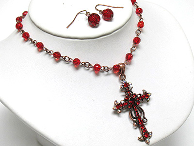 Crystal cross pendant and beads chain necklace and earring set