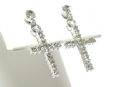 Made in korea whitegold plating crystal cross drop earring