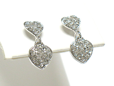 Made in korea whitegold plating crystal dual heart drop earring