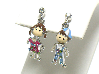 Made in korea whitegold plating enamel and crystal boy and girl drop earring