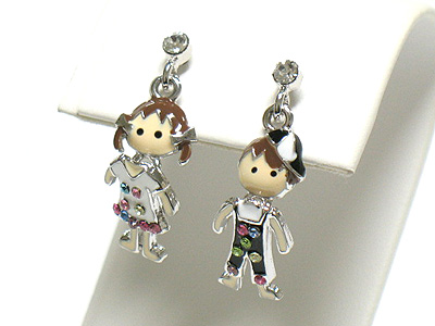 Made in korea whitegold plating enamel and crystal boy and girl drop earring