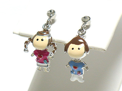 Made in korea whitegold plating enamel and crystal boy and girl drop earring