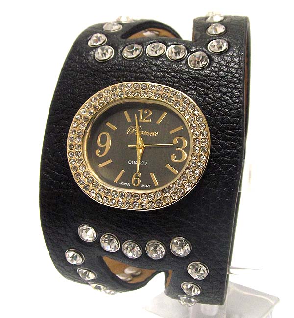 Swarovski crystal deco face and leather band  watch