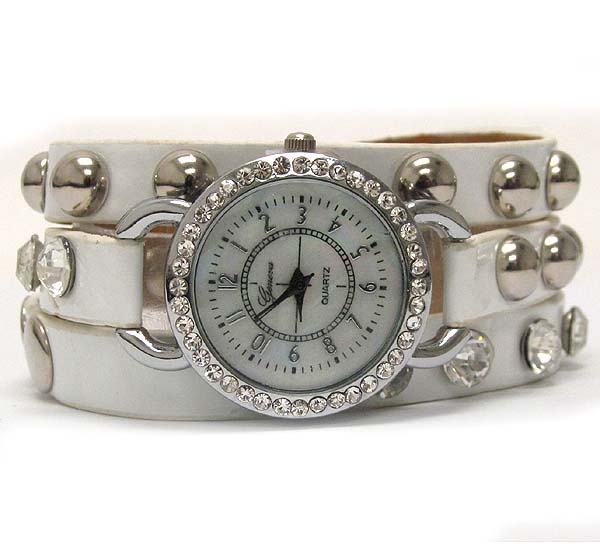 Multi crystal and mop deco face and stud leatherette wrap watch 