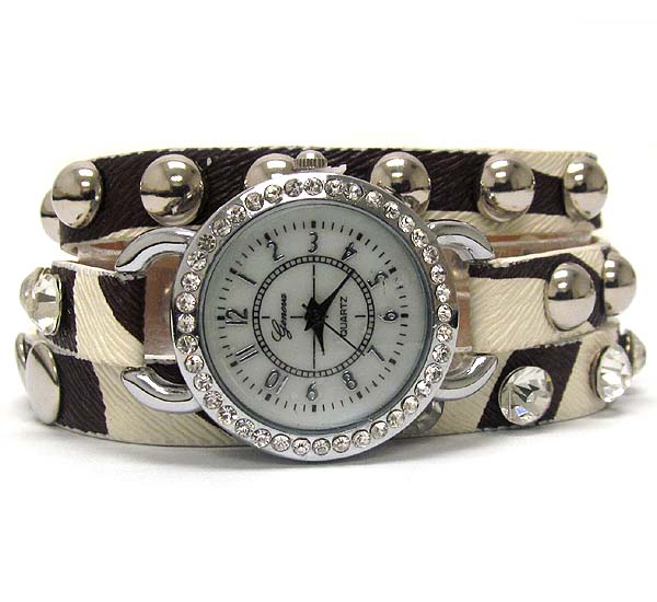 Multi crystal and mop deco face and stud leatherette wrap watch