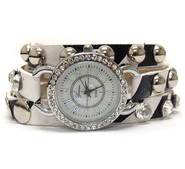 Multi crystal and mop deco face and stud leatherette wrap watch 