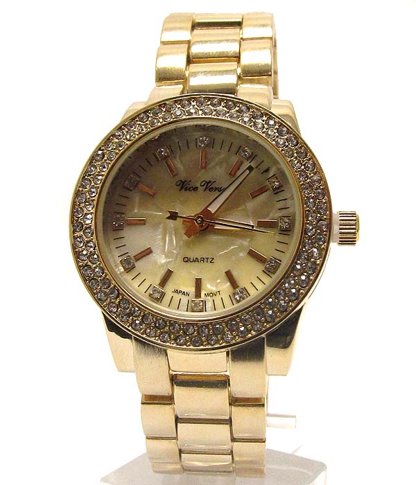 Crystal deco face and metal band michael kors style boy friend watch