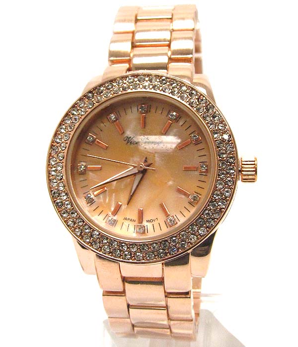 Crystal deco face and metal band michael kors style boy friend watch