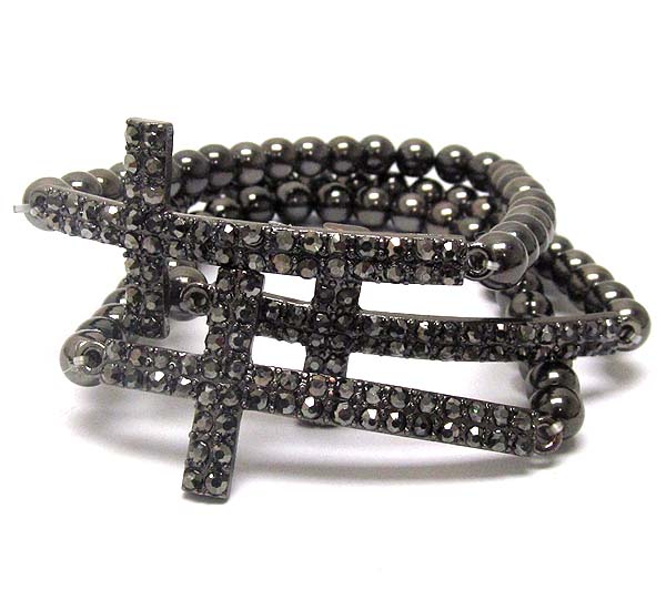 Crystal cross and metal ball stretch bracelet - set of 3