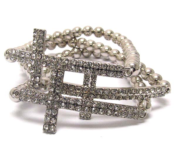 Crystal cross and metal ball stretch bracelet - set of 3