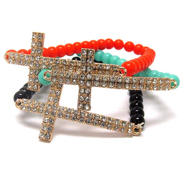 Crystal cross and metal ball stretch bracelet - set of 3