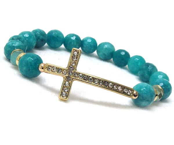 Crystal leaned cross with multi acryl ball  and crystal glass stretch bracelet