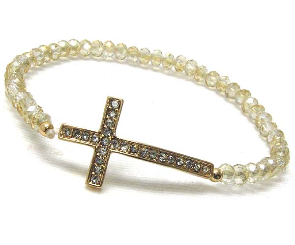 Crystal thin leaned cross and multi crystal glass stretch bracelet