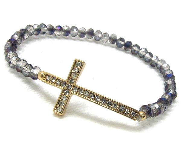 Crystal thin leaned cross and multi crystal glass stretch bracelet