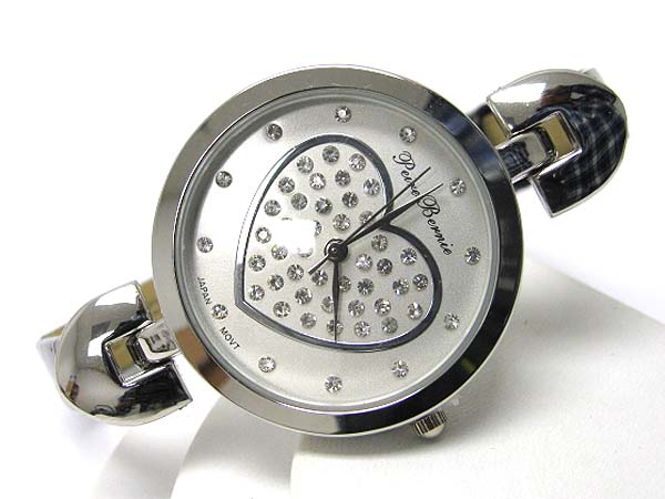 Crystal stud heart back round face leather band watch