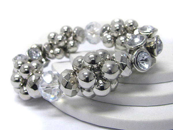 Multi metal ball and crystal deco stretch bracelet