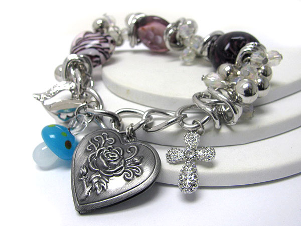 Rose heart and multi charm stretch bracelet