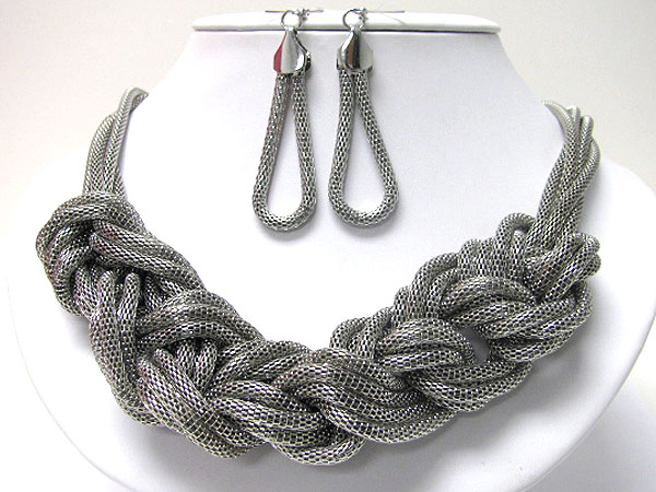 Multi metal mesh chain twisted necklace earring set