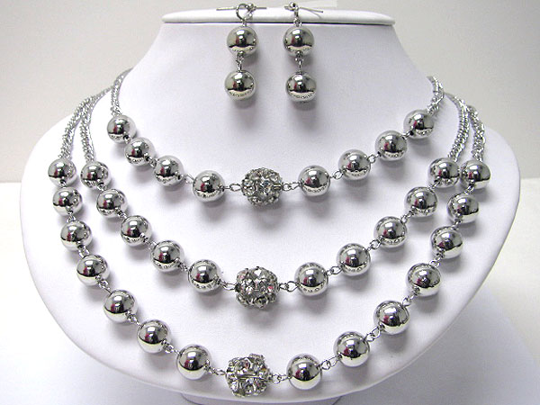 Past present future them three layer crystal and metal ball link necklace earring set