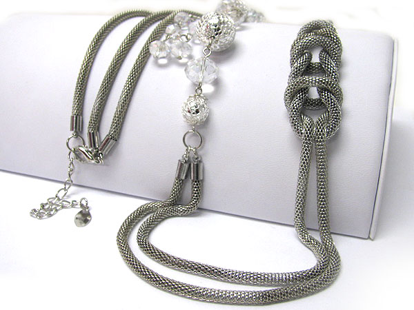 Double metal mesh twisted and glass and metal ball link necklace earring set