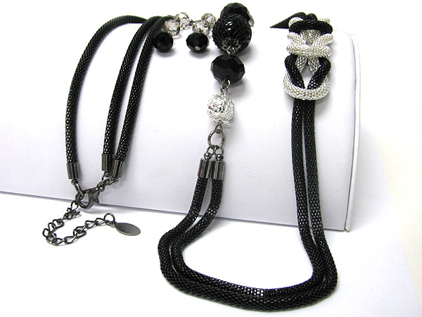 Double metal mesh twisted and glass and metal ball link necklace earring set