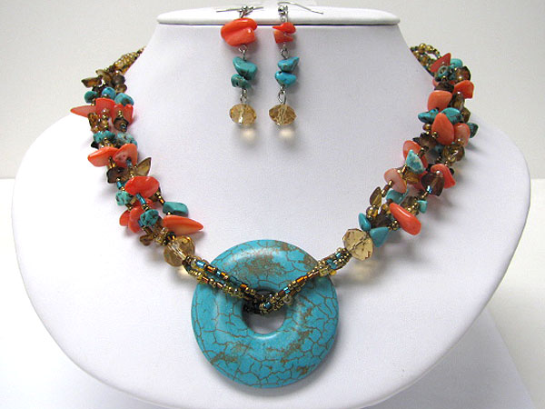 Eco friendly donut turquoise pendant and mixes chip stone necklace earring set