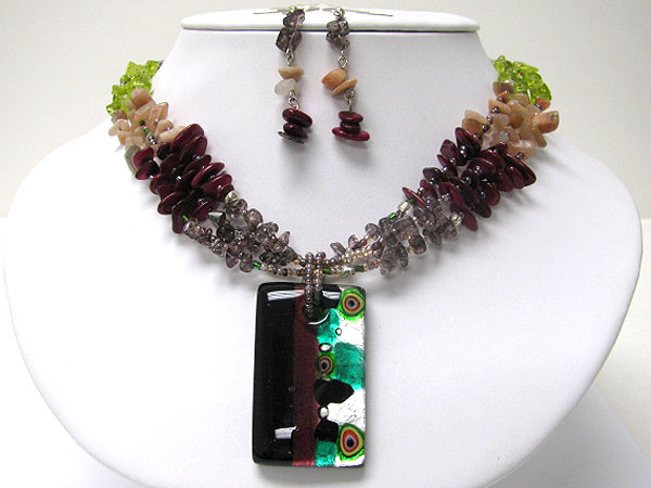 Murano glass pendant and multi strand mixed bead necklace earring set