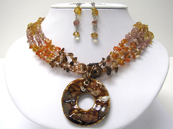 Eco friendly donut shape pendant and multi strand mixed bead necklace earring set