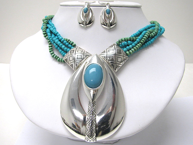 Metal art deco multi beads stone neckalce earring set