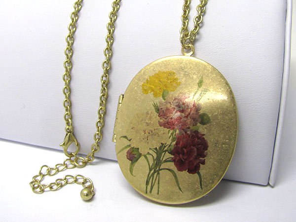 Antique flower paint on burnish gold locket pendant long necklace