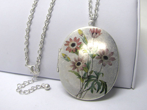 Antique flower paint on burnish silver locket pendant long necklace