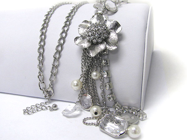 Crystal center metal flower and multi charm drop long necklace